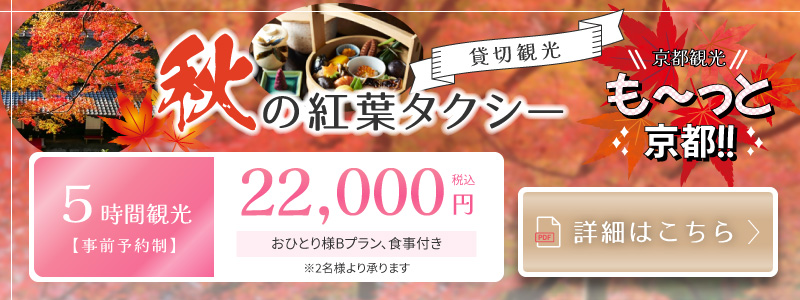 も～っと京都！秋の紅葉タクシー貸切観光５時間観光　20,000円（税別）（おひとり様Bプラン、食事つき）